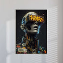 Cyberpunk Android wall art in a minimalistic setting, displaying the captivating robotic design and vibrant colors.