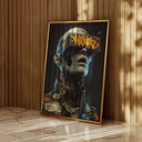 Framed Cyberpunk Android artwork casting shadows in a warm room, highlighting its intricate details.