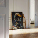 Cyberpunk Android wall art leaning against the wall in a stylish space, emphasizing its modern aesthetic.