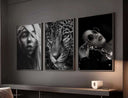 Fashion Home Decor Posters in black and white aesthetics featuring a model, leopard, and stylish figure in sunglasses.