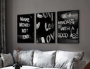 Fashion Quote Wall Art Set of 3 showcasing chic quotes against a vibrant black background for stylish interiors.