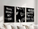 Modern black-and-white quote art featuring fashionable phrases, great for living rooms or office spaces.