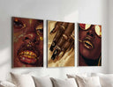 Bold image of a woman showcasing gold teeth and jewelry, part of the Gold Black Woman Poster Set of 3.