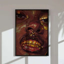 Gold Afrocentric digital wall art poster featuring a close-up portrait with gold accents, framed in a modern Toronto living room — Haus of Prints.