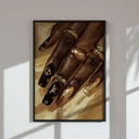 Gold Black Woman Poster Set of 3 featuring Afrocentric digital wall art with gold-accented nails displayed in a modern room - Haus of Prints.