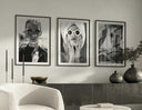High fashion black and white framed digital wall art set of 3 featuring chic female portraits in modern living room — Haus of Prints.