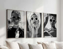 High Fashion Wall Art Set of 3 featuring black and white fashion portraits in framed digital wall art for modern living room decor — Haus of Prints.