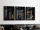 Hypebeast Nike Sneaker Wall Art Set of 3 featuring dynamic sneaker designs with golden embellishments and bold typography.
