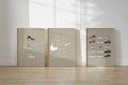 Close-up of sneakers showcasing minimalist design and bold lines in a unique arrangement.