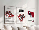 Hypebeast Sneaker Poster Set of 3 featuring red and black Air Jordans in framed digital wall art above a couch, Haus of Prints.
