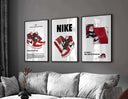 Hypebeast Sneaker Poster Set of 3 featuring red and white Nike Air Jordan designs as digital wall art in a modern gray living room — HAUS OF PRINTS