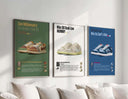 Hypebeast Streetwear Wall Art Set of 3 featuring framed sneaker art prints in modern living room, digital wall art by Haus of Prints