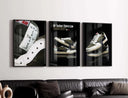 Hypebeast Urban Sneaker Poster Set of 3 displaying stylish sneakers in an artistic arrangement on a dark background.