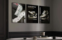 Hypebeast Urban Sneaker Poster Set of 3 with a focus on sneakers, beautifully presented in a modern decor setting.