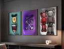 Hypebeast artworks featuring a colorful face, Nike logo, and collectible figures for chic wall decor.