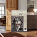Vintage grunge-style Joker movie poster displaying Joaquin Phoenix with distressed makeup and a striking red smile.