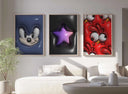 3D print featuring friendly cartoon eyes on a red background, evoking a playful and lively atmosphere.