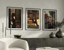 Contemporary decor featuring 3 luxury fashion posters, showcasing stylish shoes and elegant silhouettes.