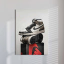 Vibrant Luxury Fashion Sneaker Printable Poster displayed on a decorative stand.