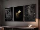 Golden dice placed artistically on a dark surface, capturing reflections in the Luxury Playing Card Wall Art Set.
