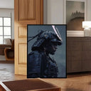 Midnight Ronin – Cyber Samurai Wall Art Print positioned in a chic room, emphasizing its bold aesthetic and cultural significance.