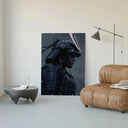 Midnight Ronin – Cyber Samurai Wall Art Print displayed on a wall, highlighting its striking detail in a contemporary interior.