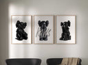 Artistic portrayal of KAWS figures in the Minimal Hypebeast Prints Set of 3, designed for modern wall aesthetics.