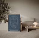 Modern sports poster featuring a hockey rink blueprint in blue tones, framed printable wall art for living room decor — Haus of Prints.