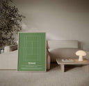 Modern Sports Poster Set of 3 featuring minimalist tennis court poster in a neutral modern living room, printable wall art by Haus of Prints.