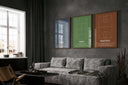 Modern Sports Poster Set of 3 featuring hockey, tennis, and basketball courts in framed digital wall art above a grey sofa, Haus of Prints.