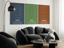 Modern Sports Poster Set of 3 featuring hockey, tennis, and basketball courts in printable modern wall art above a black sofa, Haus of Prints.
