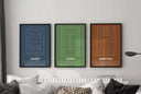 Modern Sports Poster Set of 3 featuring hockey, tennis, and basketball courts in framed digital wall art above a couch, Haus of Prints.