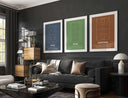 Modern Sports Poster Set of 3 featuring hockey, tennis, and basketball court prints in a stylish living room, digital wall art by Haus of Prints.