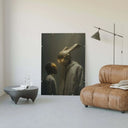 Neon Sentinel – Cyber Bunny & Companion Art Print displayed on a wall in a modern living space.