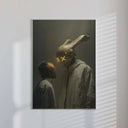 Framed Neon Sentinel – Cyber Bunny & Companion Art Print on a wall, with sunlight casting shadows across it.