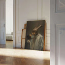 Neon Sentinel – Cyber Bunny & Companion Art Print displayed propped against a wall in a stylish interior.