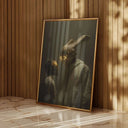 Neon Sentinel – Cyber Bunny & Companion Art Print leaning against a wooden wall in a contemporary setting.