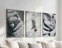 Nike Air Force 1 Wall Art Set of 3 featuring black and white sneaker digital wall art in a modern living room, Haus of Prints.