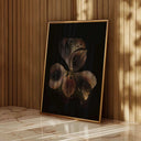Noir Orchid - Botanical Printable Art framed against wooden panels, highlighting its artistic elements and luxury feel.