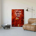Off the Beaten Path – KAWS-Inspired Plush Art Print hanging on a wall, highlighting its playful orange design.