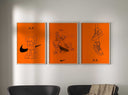 Third poster in the set, displaying hanging sneakers with a minimalist line drawing style on a bright orange background.