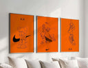 Orange Hypebeast Poster Set of 3 featuring sneaker art as digital wall art in modern living room decor by Haus of Prints.