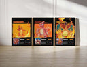 POKEMON Printable Poster Set highlighting fiery character designs of Charmander, Charmeleon, and Charizard in vivid colors.