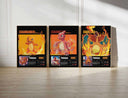 POKEMON Printable Poster Set showcasing fiery and colorful illustrations of Charmander, Charmeleon, and Charizard.