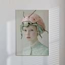 Pastel Beetle Muse – Surreal Fashion Art Print framed on a wall, highlighting the unique artistic blend of fashion and surrealism.