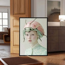 Pastel Beetle Muse – Surreal Fashion Art Print prominently placed in an interior, showcasing whimsical beetle motifs.