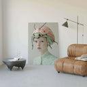 Pastel Beetle Muse – Surreal Fashion Art Print displayed on a wall, showcasing whimsical design in a cozy setting.