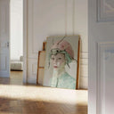 Pastel Beetle Muse – Surreal Fashion Art Print leaning against a wall, revealing enchanting beetle headpiece details.