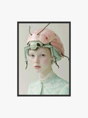 Pastel Beetle Muse – Surreal Fashion Art Print featuring a model with a beetle-inspired headpiece in soft hues.