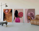 Artistic representation of a Black woman holding roses, wearing a pink dress in abstract style.